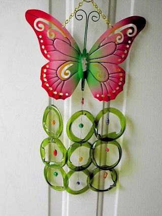 Pink & Green Butterfly with Green Rings - Glass Wind Chimes