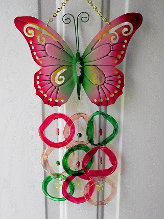 Butterfly with Pink, Red & Green Rings - Glass Wind Chimes