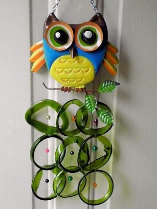Blue Owl with Green Rings - Glass Wind Chimes