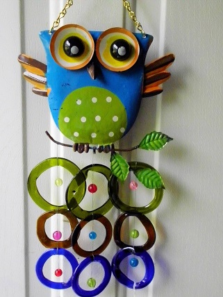 Blue Owl with Multi Colored Rings - Glass Wind Chimes