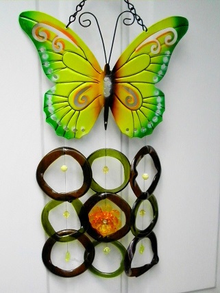 Green Butterfly with Brown & Green Rings - Glass Wind Chimes