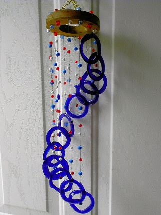 Red White and Blue Spiral with Blue Rings  - Glass Wind Chimes