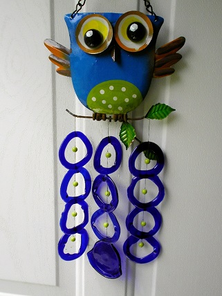 Blue Owl with Blue Rings - Glass Wind Chimes