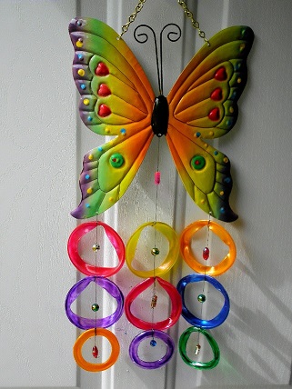 Multi Colored Butterfly with Multi Colored Rings - Glass Wind Chimes