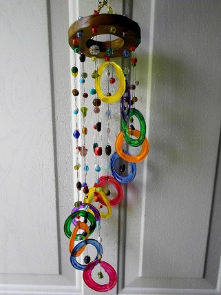 Spiral with Multi Colored Rings & Multi Colored Beads - Glass Wind Chimes