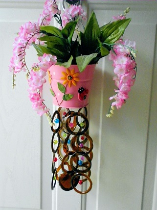 Pink Can & Pink Flowers Brown Rings - Glass Wind Chimes