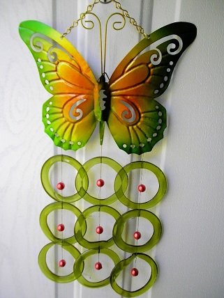 Green & Orange Butterfly with Green Rings - Glass Wind Chimes