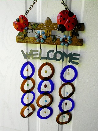 Welcome Lady Bug with Blue & Brown Rings - Glass Wind Chimes