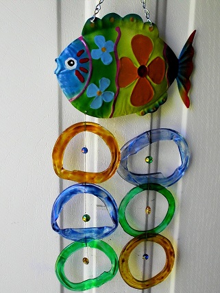 Blue & Green Fish with Multi Colored Rings - Glass Wind Chimes