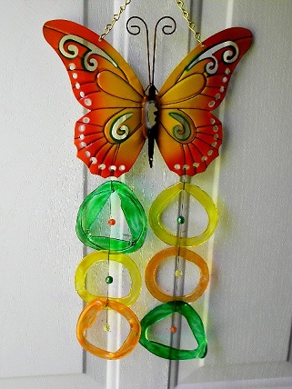 Orange & Yellow Butterfly with Multi Colored Rings - Glass Wind Chimes
