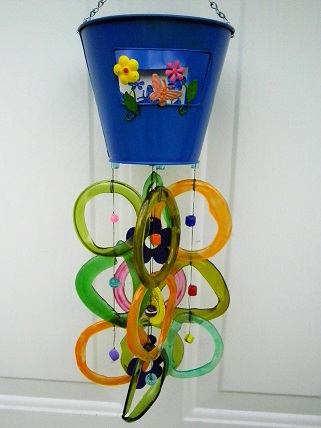 Large Blue Can with Multi Colored Rings - Glass Wind Chimes