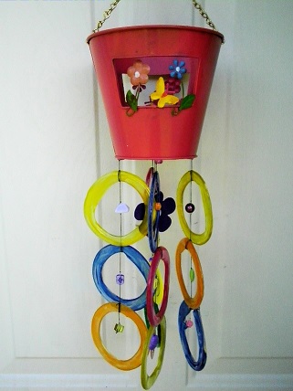 Large Pink Can with Multi Colored Rings - Glass Wind Chimes