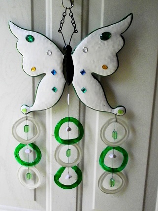 Green & White Butterfly with Green & White Rings - Glass Wind Chimes