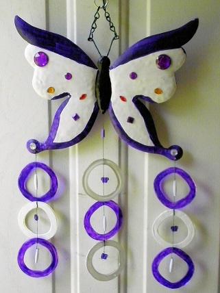 Purple & White Butterfly with Purple & White Rings - Glass Wind Chimes