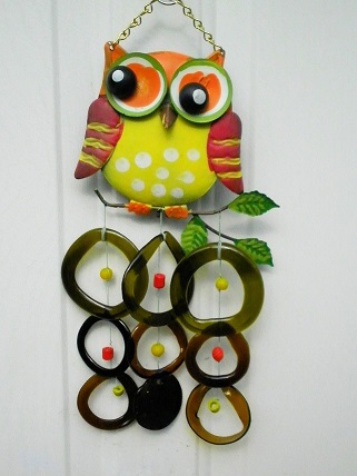 Yellow & Orange Owl with Green Rings and Yellow & Orange Beads - Glass Wind Chimes