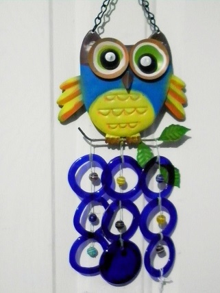 Blue & Yellow Owl with Blue Rings - Glass Wind Chimes