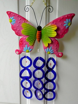 Pink Double Wing Butterfly with Blue Rings - Glass Wind Chimes