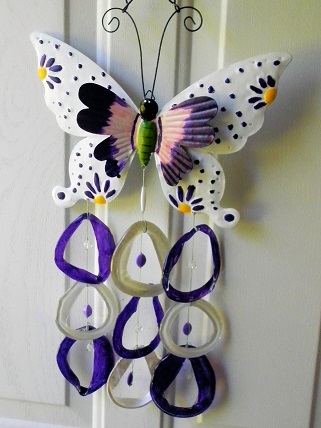 Purple & White Double Wing Butterfly with Blue & Clear Rings - Glass Wind Chimes