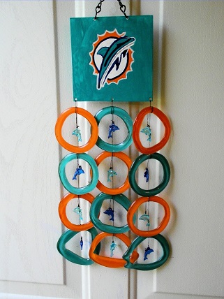 Miami Dolphins with Teal & Orang Rings and Teal & Blue Dolphins - Glass Wind Chimes