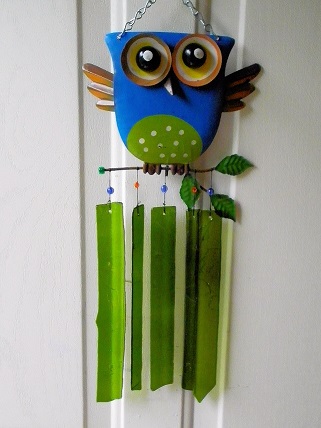 Blue Owl with Green Glass Strips - Glass Wind Chimes