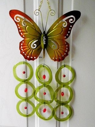 Red & Gold Buterfly with Green Rings - Glass Wind Chimes