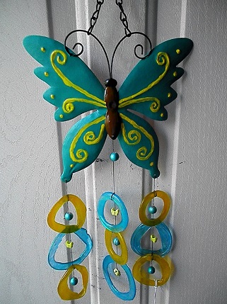 Aqua Butterfly with Aqua & Yellow Rings - Glass Wind Chimes