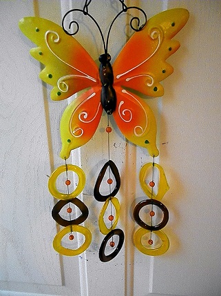 Orange Butterfly with Yellow & Brown Rings - Glass Wind Chimes
