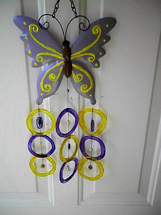 Purple Butterfly with Yellow & Purple Rings - Glass Wind Chimes