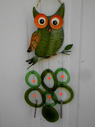 Green Owl with Green Rings - Glass Wind Chimes