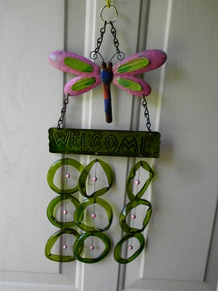 Dragon Fly Welcome with Green Rings - Glass Wind Chimes
