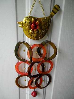 Gold Bird with Red & Brown Rings - Glass Wind Chimes