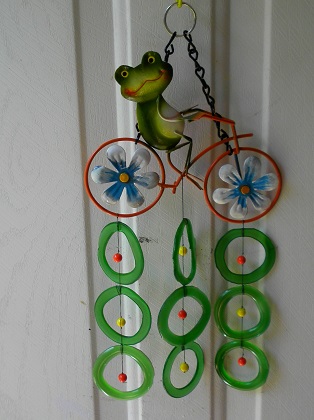 Frog on Bicycle with Green Rings - Glass Wind Chimes