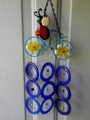 Lady Bug on Bicycle with Blue Rings - Glass Wind Chimes