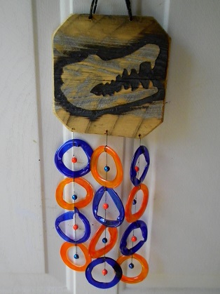 Gator burned on wood with Orange & Blue Rings - Glass Wind Chimes