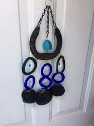 Horse Shoe with Black and Blue Rings - Glass Wind Chimes
