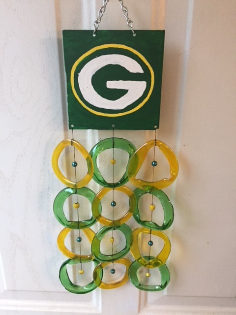 Green Bay Packers with Gold and Green Rings - Glass Wind Chimes