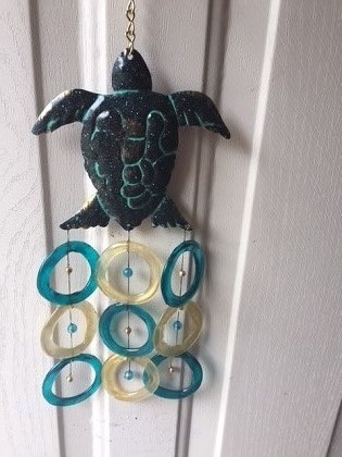 Aqua Turtle with Aqua and Gold Rings - Glass Wind Chimes