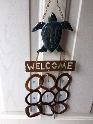Aqua Turtle Welcome with Brown Rings - Glass Wind Chimes